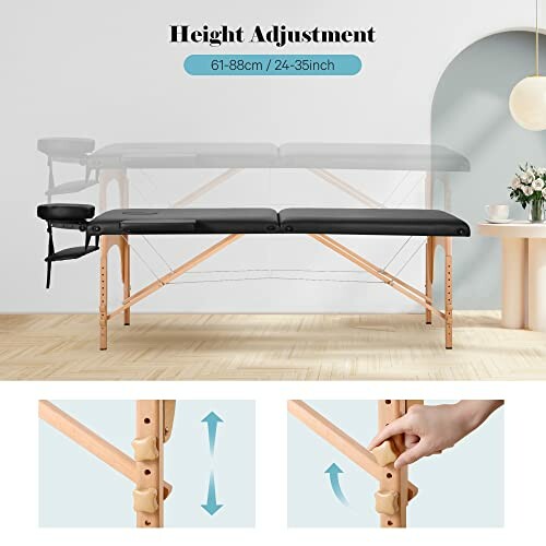 Adjustable height massage table with wooden legs and black cushion.