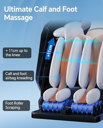 Calf and foot massage device with airbag kneading and foot roller scraping features.