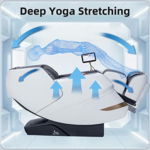 Massage chair with digital figure demonstrating deep yoga stretching.