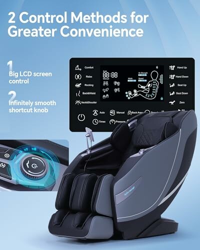 Massage chair with control screen and features highlighted.