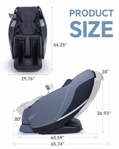 Massage chair with dimensions shown in upright and reclined positions.