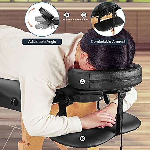 Person using a massage table face rest with adjustable angle and comfortable armrest.