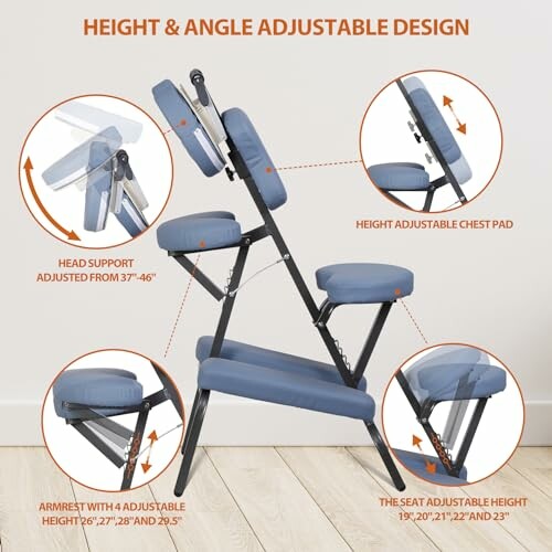 Height and angle adjustable chair with features labeled.