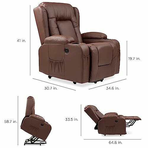 Brown recliner chair with dimensions labeled.