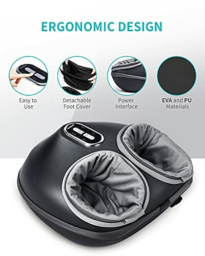 Ergonomic design foot massager with detachable foot cover and power interface.