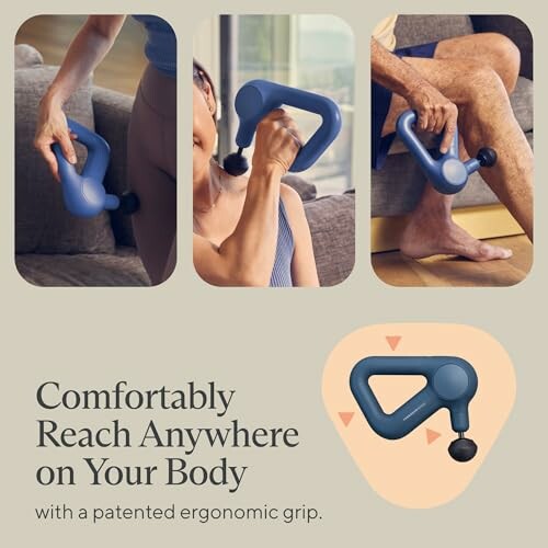 Three images showing a person using an ergonomic massage tool on different body parts.