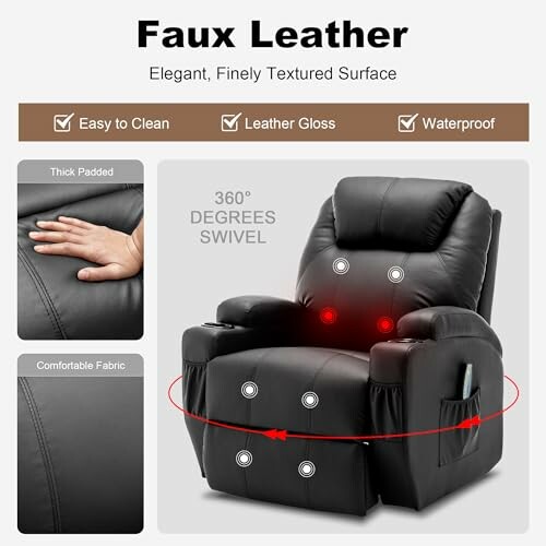 Faux leather recliner with features like easy to clean, leather gloss, waterproof, 360-degree swivel, thick padded, and comfortable fabric.