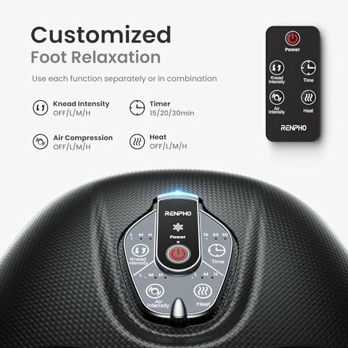 Control panel and remote for a foot massager with customizable settings.