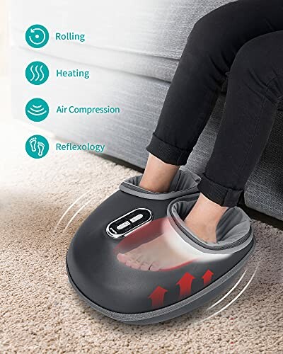 Person using a foot massager with rolling, heating, air compression, and reflexology features.