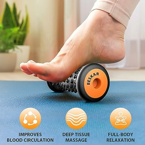 Foot using a massage roller on a blue mat with benefits listed.