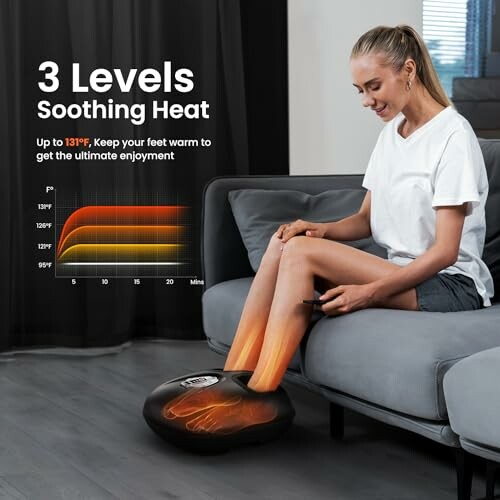 Woman using foot warmer with three heat levels on sofa.