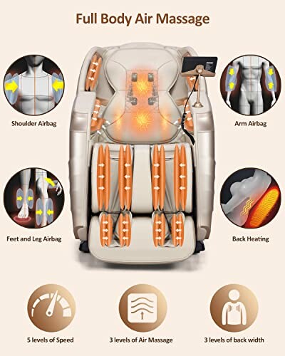 Diagram of a full body air massage chair with labeled features: shoulder, arm, feet, leg airbags, and back heating.