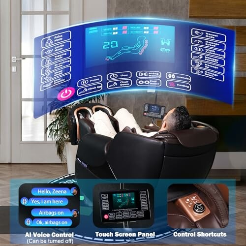 Person using a high-tech massage chair with AI voice control and touch screen panel.