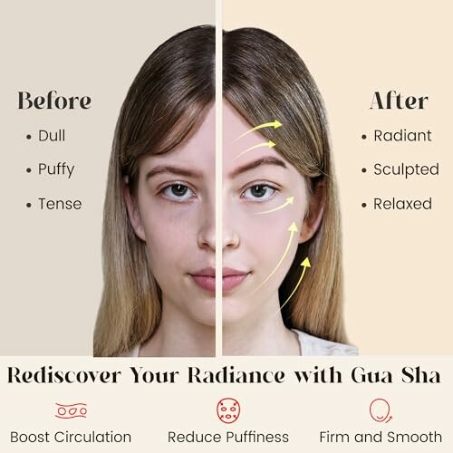 Comparison of face before and after Gua Sha massage, showing benefits like reduced puffiness and improved radiance.