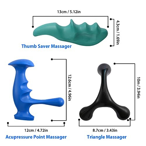 Various hand massager tools with dimensions.