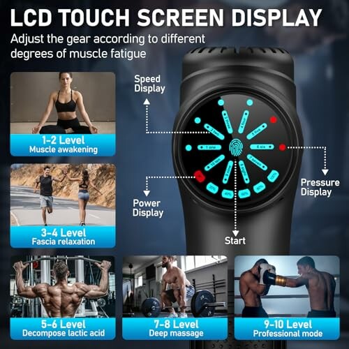 LCD touch screen display with fitness levels and muscle fatigue adjustment.