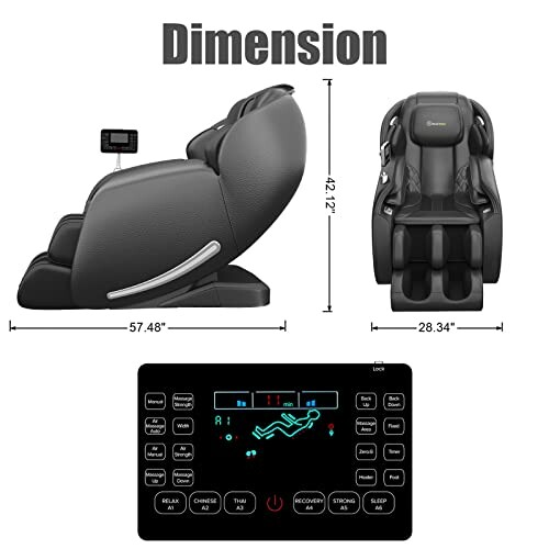 Massage chair dimensions and control panel display.