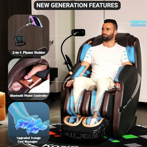 Man seated in a massage chair with phone holder, Bluetooth control, and foot massager features.