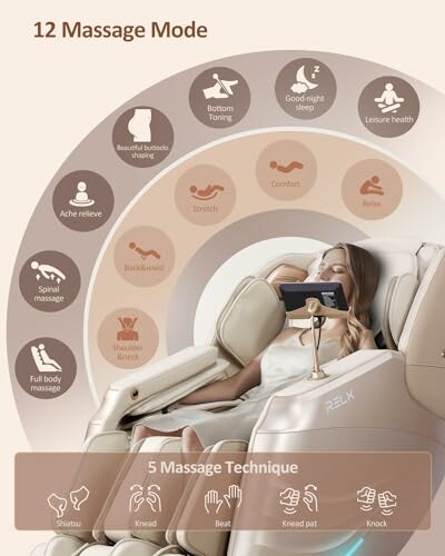 Woman using a massage chair with 12 massage modes and 5 techniques displayed.