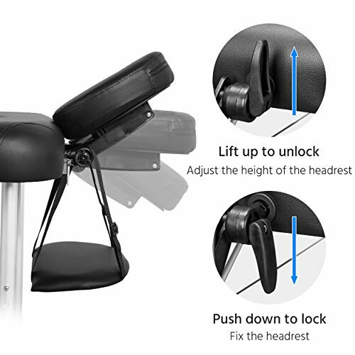 Instructions for adjusting massage chair headrest with lift and lock mechanism.