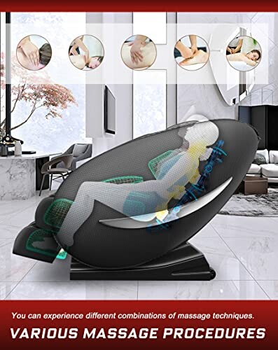 Futuristic massage chair in a modern room with various massage techniques displayed.