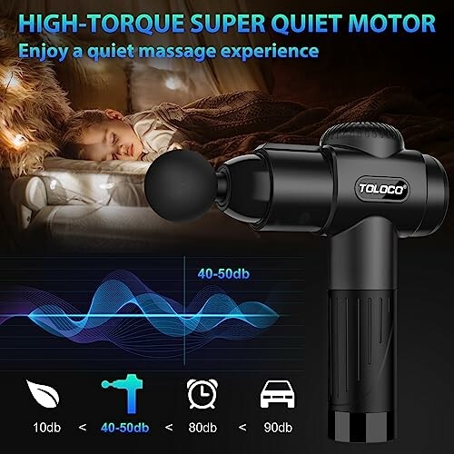 Massage gun with high-torque motor, sleeping child, and noise comparison chart.