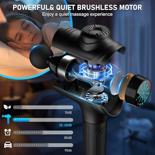 Diagram of a massage gun with quiet brushless motor features.