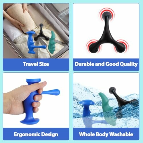 Four images showing massage tools: travel size, durable quality, ergonomic design, and washable.