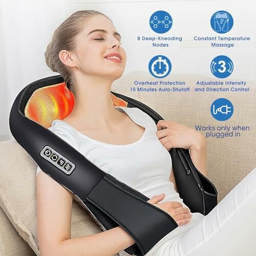 Woman using neck massage device with features listed.