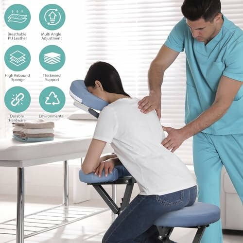 Massage therapist providing back massage to a seated client on a portable chair.