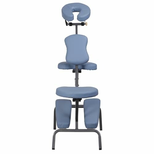 Portable massage chair with blue cushions and steel frame