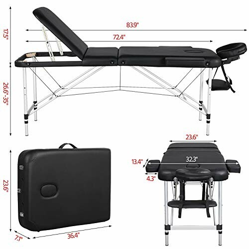 Black portable massage table with adjustable features and dimensions.