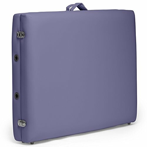 Folded purple massage table with handle and latches.