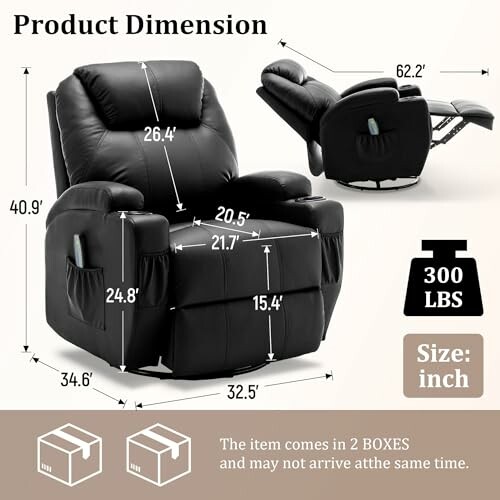 Dimensions of a black recliner chair with weight and packaging information.