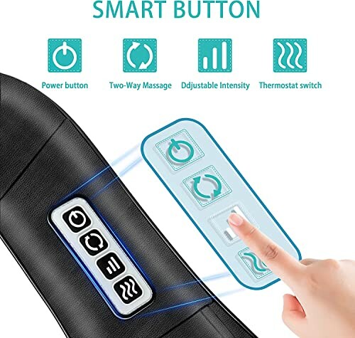 Smart button control panel with power, massage, intensity, and thermostat options.