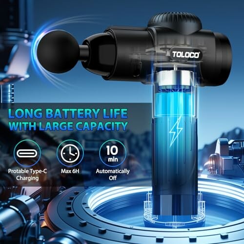 Toloco massage gun with long battery life and Type-C charging.